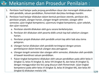 Mekanisme dan Prosedur Penilaian :
109
1. Penilaian hasil belajar pada jenjang pendidikan dasar dan menengah dilaksanakan
oleh pendidik, satuan pendidikan, Pemerintah dan/atau lembaga mandiri.
2. Penilaian hasil belajar dilakukan dalam bentuk penilaian otentik, penilaian diri,
penilaian projek, ulangan harian, ulangan tengah semester, ulangan akhir
semester, ujian tingkat kompetensi, ujianmutu tingkat kompetensi, ujian sekolah,
dan ujian nasional.
a. Penilaian otentik dilakukan oleh guru secara berkelanjutan.
b. Penilaian diri dilakukan oleh peserta didik untuk tiap kali sebelum ulangan
harian.
c. Penilaian projek dilakukan oleh pendidik untuk tiap akhir bab atau tema
pelajaran.
d. Ulangan harian dilakukan oleh pendidik terintegrasi dengan proses
pembelajaran dalam bentuk ulangan atau penugasan.
e. Ulangan tengah semester dan ulangan akhir semester, dilakukan oleh pendidik
di bawah koordinasi satuan pendidikan.
f. fUjian tingkat kompetensi dilakukan oleh satuan pendidikan pada akhir kelas II
(tingkat 1), kelas IV (tingkat 2), kelas VIII (tingkat 4), dan kelas XI (tingkat 5),
dengan menggunakan kisi-kisi yang disusun oleh Pemerintah. Ujian tingkat
kompetensi pada akhir kelas VI (tingkat 3), kelas IX (tingkat 4A), dan kelas XII
(tingkat 6) dilakukan melalui UN.
 
