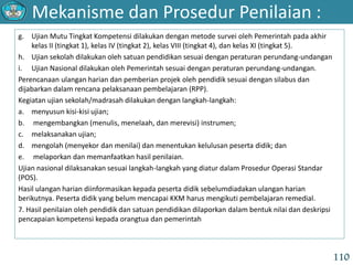 Mekanisme dan Prosedur Penilaian :
110
g. Ujian Mutu Tingkat Kompetensi dilakukan dengan metode survei oleh Pemerintah pada akhir
kelas II (tingkat 1), kelas IV (tingkat 2), kelas VIII (tingkat 4), dan kelas XI (tingkat 5).
h. Ujian sekolah dilakukan oleh satuan pendidikan sesuai dengan peraturan perundang-undangan
i. Ujian Nasional dilakukan oleh Pemerintah sesuai dengan peraturan perundang-undangan.
Perencanaan ulangan harian dan pemberian projek oleh pendidik sesuai dengan silabus dan
dijabarkan dalam rencana pelaksanaan pembelajaran (RPP).
Kegiatan ujian sekolah/madrasah dilakukan dengan langkah-langkah:
a. menyusun kisi-kisi ujian;
b. mengembangkan (menulis, menelaah, dan merevisi) instrumen;
c. melaksanakan ujian;
d. mengolah (menyekor dan menilai) dan menentukan kelulusan peserta didik; dan
e. melaporkan dan memanfaatkan hasil penilaian.
Ujian nasional dilaksanakan sesuai langkah-langkah yang diatur dalam Prosedur Operasi Standar
(POS).
Hasil ulangan harian diinformasikan kepada peserta didik sebelumdiadakan ulangan harian
berikutnya. Peserta didik yang belum mencapai KKM harus mengikuti pembelajaran remedial.
7. Hasil penilaian oleh pendidik dan satuan pendidikan dilaporkan dalam bentuk nilai dan deskripsi
pencapaian kompetensi kepada orangtua dan pemerintah
 