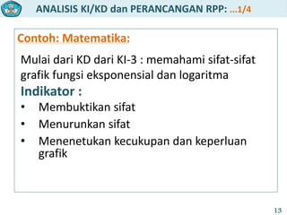 ANALISIS KI/KD dan PERANCANGAN RPP: ...1/4
13
Contoh: Matematika:
Mulai dari KD dari KI-3 : memahami sifat-sifat
grafik fungsi eksponensial dan logaritma
Indikator :
• Membuktikan sifat
• Menurunkan sifat
• Menenetukan kecukupan dan keperluan
grafik
 