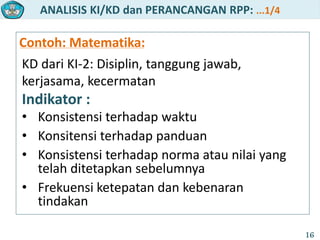 ANALISIS KI/KD dan PERANCANGAN RPP: ...1/4
16
Contoh: Matematika:
KD dari KI-2: Disiplin, tanggung jawab,
kerjasama, kecermatan
Indikator :
• Konsistensi terhadap waktu
• Konsitensi terhadap panduan
• Konsistensi terhadap norma atau nilai yang
telah ditetapkan sebelumnya
• Frekuensi ketepatan dan kebenaran
tindakan
 