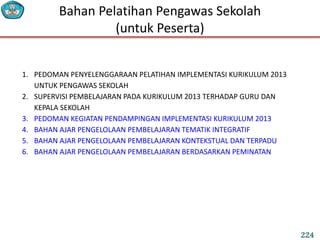Bahan Pelatihan Pengawas Sekolah
(untuk Peserta)
1. PEDOMAN PENYELENGGARAAN PELATIHAN IMPLEMENTASI KURIKULUM 2013
UNTUK PENGAWAS SEKOLAH
2. SUPERVISI PEMBELAJARAN PADA KURIKULUM 2013 TERHADAP GURU DAN
KEPALA SEKOLAH
3. PEDOMAN KEGIATAN PENDAMPINGAN IMPLEMENTASI KURIKULUM 2013
4. BAHAN AJAR PENGELOLAAN PEMBELAJARAN TEMATIK INTEGRATIF
5. BAHAN AJAR PENGELOLAAN PEMBELAJARAN KONTEKSTUAL DAN TERPADU
6. BAHAN AJAR PENGELOLAAN PEMBELAJARAN BERDASARKAN PEMINATAN
224
 