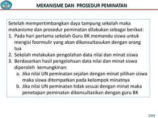 MEKANISME DAN PROSEDUR PEMINATAN
Setelah mempertimbangkan daya tampung sekolah maka
mekanisme dan prosedur peminatan dilakukan sebagai berikut:
1. Pada hari pertama sekolah Guru BK memandu siswa untuk
mengisi foormulir yang akan dikonsultasukan dengan orang
tua
2. Sekolah melakukan pengolahan data nilai dan minat siswa
3. Berdasarkan hasil pengelohaan data nilai dan minat siswa
diperoleh kemungkinan:
a. Jika nilai UN peminatan sejalan dengan minat pilihan siswa
maka siswa ditempatkan pada kelompok minatnya
b. Jika nilai UN peminatan tidak sesuai dengan minat maka
penetapan peminatan dikonsultasikan dengan guru BK
244
 
