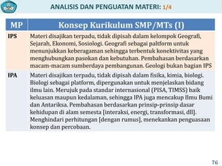 ANALISIS DAN PENGUATAN MATERI: 1/4
MP Konsep Kurikulum SMP/MTs (I)
IPS Materi disajikan terpadu, tidak dipisah dalam kelompok Geografi,
Sejarah, Ekonomi, Sosiologi. Geografi sebagai paltform untuk
menunjukkan keberagaman sehingga terbentuk konektivitas yang
menghubungkan pasokan dan kebutuhan. Pembahasan berdasarkan
macam-macam sumberdaya pembangunan. Geologi bukan bagian IPS
IPA Materi disajikan terpadu, tidak dipisah dalam fisika, kimia, biologi.
Biologi sebagai platform, dipergunakan untuk menjelaskan bidang
ilmu lain. Merujuk pada standar internasional (PISA, TIMSS) baik
keluasan maupun kedalaman, sehingga IPA juga mencakup Ilmu Bumi
dan Antariksa. Pembahasan berdasarkan prinsip-prinsip dasar
kehidupan di alam semesta [interaksi, energi, transformasi, dll].
Menghindari perhitungan [dengan rumus], menekankan penguasaan
konsep dan percobaan.
76
 