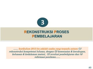 REKONSTRUKSI PROSES
PEMBELAJARAN
3
....... kurikulum 2013 itu adalah usaha yang terpadu antara (1)
rekonstruksi kompetensi lulusan, dengan (2) kesesuaian & kecukupan,
keluasan & kedalaman materi, (3) revolusi pembelajaran dan (4)
reformasi penilaian.......
85
 