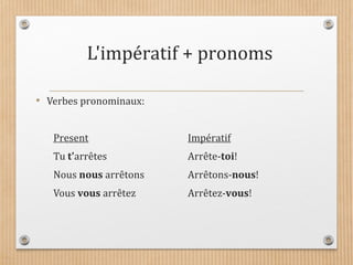 L'impératif + pronoms
• Verbes pronominaux:
Present Impératif
Tu t'arrêtes Arrête-toi!
Nous nous arrêtons Arrêtons-nous!
Vous vous arrêtez Arrêtez-vous!
 