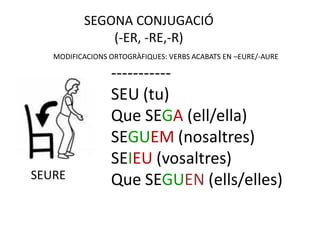 SEGONA CONJUGACIÓ
              (-ER, -RE,-R)
   MODIFICACIONS ORTOGRÀFIQUES: VERBS ACABATS EN –EURE/-AURE

                 -----------
                 SEU (tu)
                 Que SEGA (ell/ella)
                 SEGUEM (nosaltres)
                 SEIEU (vosaltres)
SEURE            Que SEGUEN (ells/elles)
 