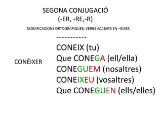SEGONA CONJUGACIÓ
               (-ER, -RE,-R)
   MODIFICACIONS ORTOGRÀFIQUES: VERBS ACABATS EN –ÉIXER

                 -----------
                 CONEIX (tu)
CONÉIXER         Que CONEGA (ell/ella)
                 CONEGUEM (nosaltres)
                 CONEIXEU (vosaltres)
                 Que CONEGUEN (ells/elles)
 