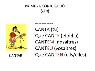 PRIMERA CONJUGACIÓ
                (-AR)

             -----------
             CANTA (tu)
             Que CANTE (ell/ella)
             CANTEM (nosaltres)
             CANTEU (vosaltres)
CANTAR       Que CANTEN (ells/elles)
 