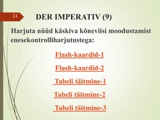 DER IMPERATIV (9)
Harjuta nüüd käskiva kõneviisi moodustamist
enesekontrolliharjutustega:
Flash-kaardid-1
Flash-kaardid-2
Tabeli täitmine-1
Tabeli täitmine-2
Tabeli täitmine-3
11
 