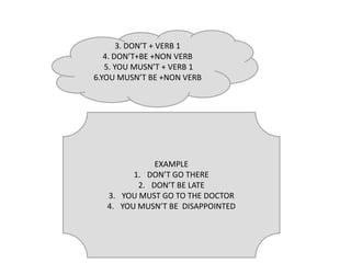 3. DON’T + VERB 1
   4. DON’T+BE +NON VERB
   5. YOU MUSN’T + VERB 1
6.YOU MUSN’T BE +NON VERB




              EXAMPLE
         1. DON’T GO THERE
          2. DON’T BE LATE
   3. YOU MUST GO TO THE DOCTOR
   4. YOU MUSN’T BE DISAPPOINTED
 