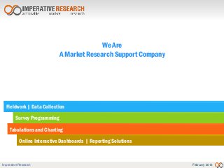 We Are
                             A Market Research Support Company




  Fieldwork | Data Collection

        Survey Programming

    Tabulations and Charting

           Online Interactive Dashboards | Reporting Solutions



Imperative Research                                              February 2013
 