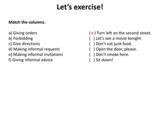 Let’s exercise!
Match the columns.
a) Giving orders ( c ) Turn left on the second street.
b) Forbidding ( ) Let’s see a movie tonight.
c) Give directions ( ) Don’t eat junk food.
d) Making informal requests ( ) Open the door, please.
e) Making informal invitations ( ) Don’t smoke here.
f) Giving informal advice ( ) Sit down!
 