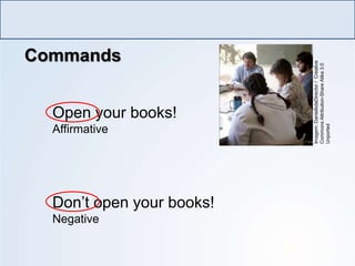 Commands
LÍNGUA INGLESA, Ensino Fundamental, 6º ano
Imperative Form
Open your books!
Affirmative
Don’t open your books!
Negative
Imagem:
DanielbdaDirector
/
Creative
Commons
Attribution-Share
Alike
3.0
Unported
 