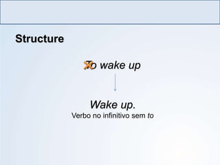 LÍNGUA INGLESA, Ensino Fundamental, 6º ano
Imperative Form
Structure
To wake up
Wake up.
Verbo no infinitivo sem to
 