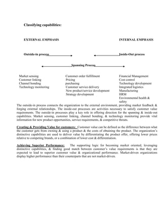 Classifying capabilities:
EXTERNAL EMPHASIS INTERNAL EMPHASIS
Outside-in process Inside-Out process
Spanning Process
Market sensing Customer order fulfillment Financial Management
Customer linking Pricing Cost control
Channel bonding purchasing Technology development
Technology monitoring Customer service delivery Integrated logistics
New product/service development Manufacturing
Strategy development HRM
Environmental health &
safety
The outside-in process connects the organization to the external environment, providing market feedback &
forging external relationships. The inside-out processes are activities necessary to satisfy customer value
requirements. The outside-in processes play a key role in offering direction for the spanning & inside-out
capabilities. Market sensing, customer linking, channel bonding, & technology monitoring provide vital
information for new product opportunities, service requirements, & competitive threats.
Creating & Providing Value for customers: Customer value can be defined as the difference between what
the customer gets from owning & using a product & the costs of obtaining the product. The organization’s
distinctive capabilities are used to deliver value by differentiating the product offer, offering lower prices
relative to competing brands, or a combination of lower cost & differentiation.
Achieving Superior Performance: The supporting logic for becoming market oriented, leveraging
distinctive capabilities, & finding good match between customer’s value requirements is that they are
expected to lead to superior customer value & organizational performance. Market-driven organizations
display higher performance than their counterparts that are not market-driven.
 