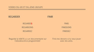 VERBES DU 1ER ET DU 2ÈME GROUPE
REGARDER
REGARDES
REGARDONS
REGARDEZ
Regarde la télé! Il y a un documentaire sur
l’obsolescence programmée!
FINIR
FINIS
FINISSONS
FINISSEZ
Finis tes devoirs si tu veux jouer
avec tes amis.
 