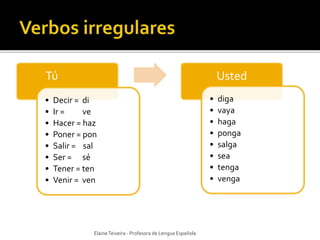 Tú 
• Decir = di 
• Ir = ve 
• Hacer = haz 
• Poner = pon 
• Salir = sal 
• Ser = sé 
• Tener = ten 
• Venir = ven 
Usted 
• diga 
• vaya 
• haga 
• ponga 
• salga 
• sea 
• tenga 
• venga 
Elaine Teixeira - Profesora de Lengua Española 
 