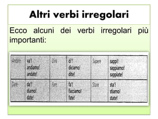 Altri verbi irregolari
Ecco alcuni dei verbi irregolari più
importanti:
 