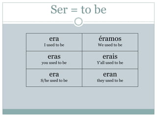 Ser = to be

    era            éramos
 I used to be     We used to be


   eras              erais
you used to be    Y’al...