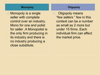 Monopoly Oligopoly 
Monopoly is a single 
seller with complete 
control over an industry. 
Mono for one and polist 
for seller .A Monopolist is 
the only firm producing in 
its industry and there is 
no industry producing a 
close substitute. 
Oligopoly means 
“few sellers ” few in this 
context can be a number 
as small as 2 more but 
under 15 firms .Each 
individual firm can affect 
the market price. 
 