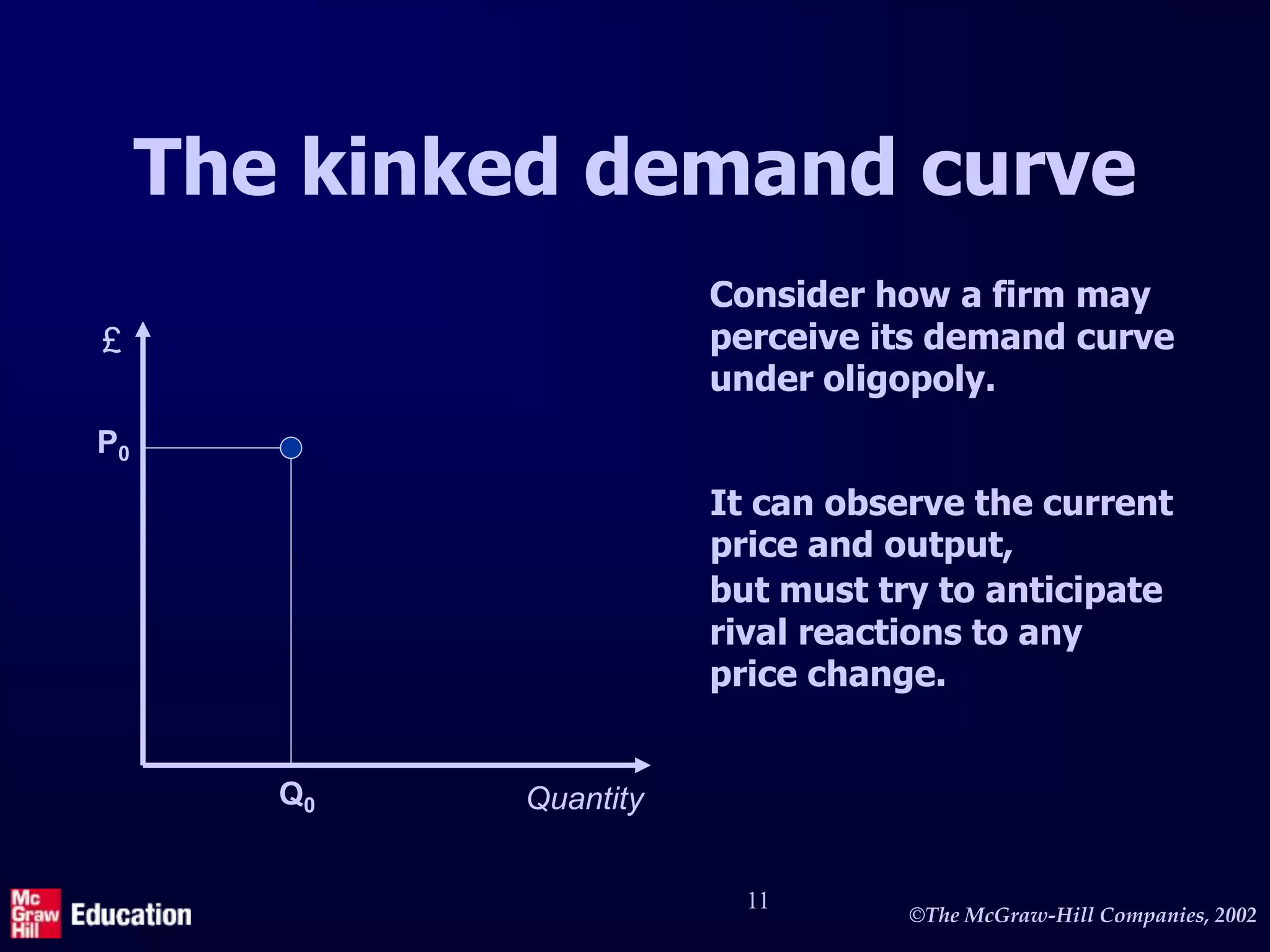 ©The McGraw-Hill Companies, 2002
11
The kinked demand curve
Q0
P0
Quantity
£
Consider how a firm may
perceive its demand curve
under oligopoly.
It can observe the current
price and output,
but must try to anticipate
rival reactions to any
price change.
 