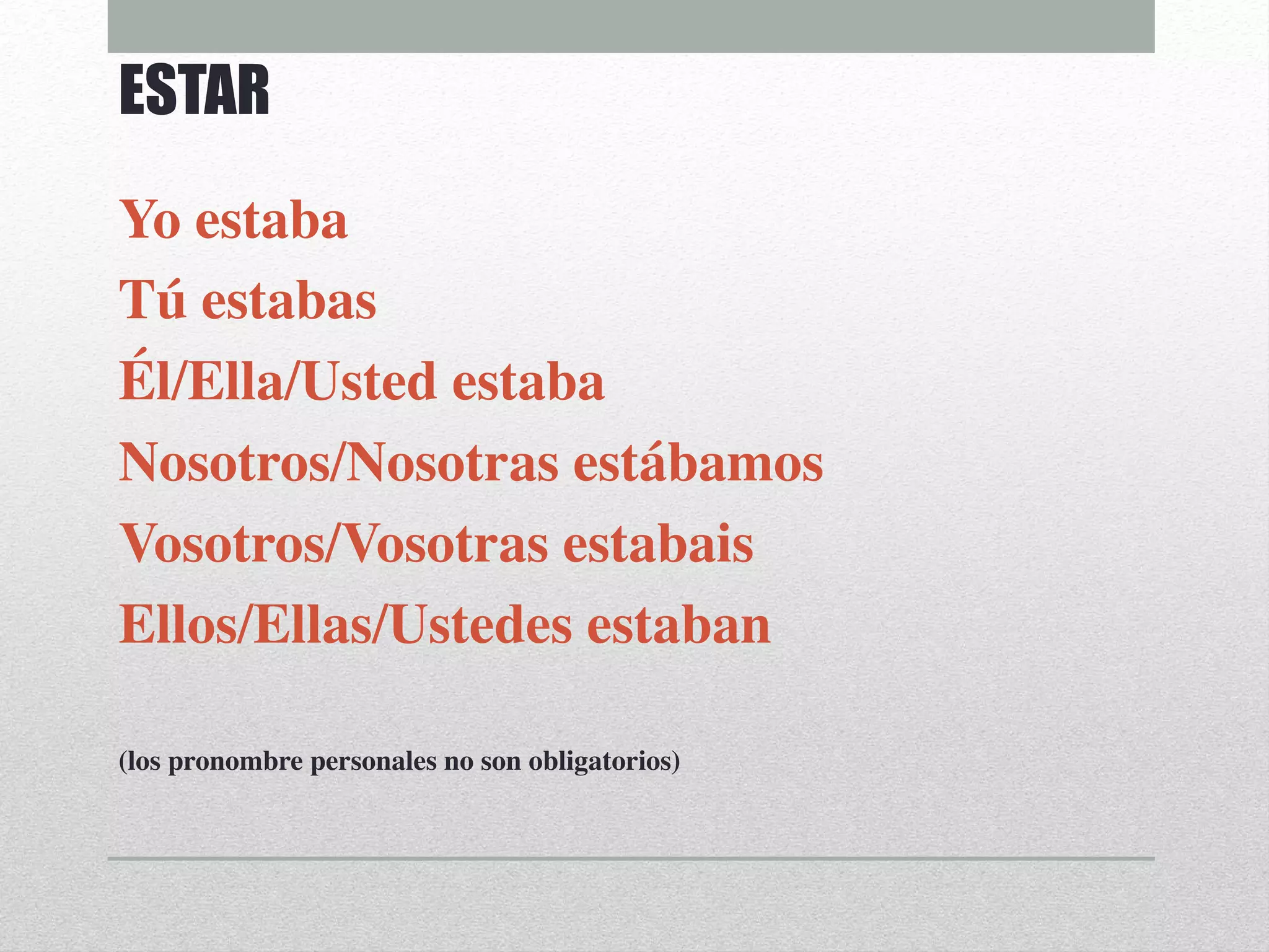 Yo estaba
Tú estabas
Él/Ella/Usted estaba
Nosotros/Nosotras estábamos
Vosotros/Vosotras estabais
Ellos/Ellas/Ustedes estaban
(los pronombre personales no son obligatorios)
ESTAR
