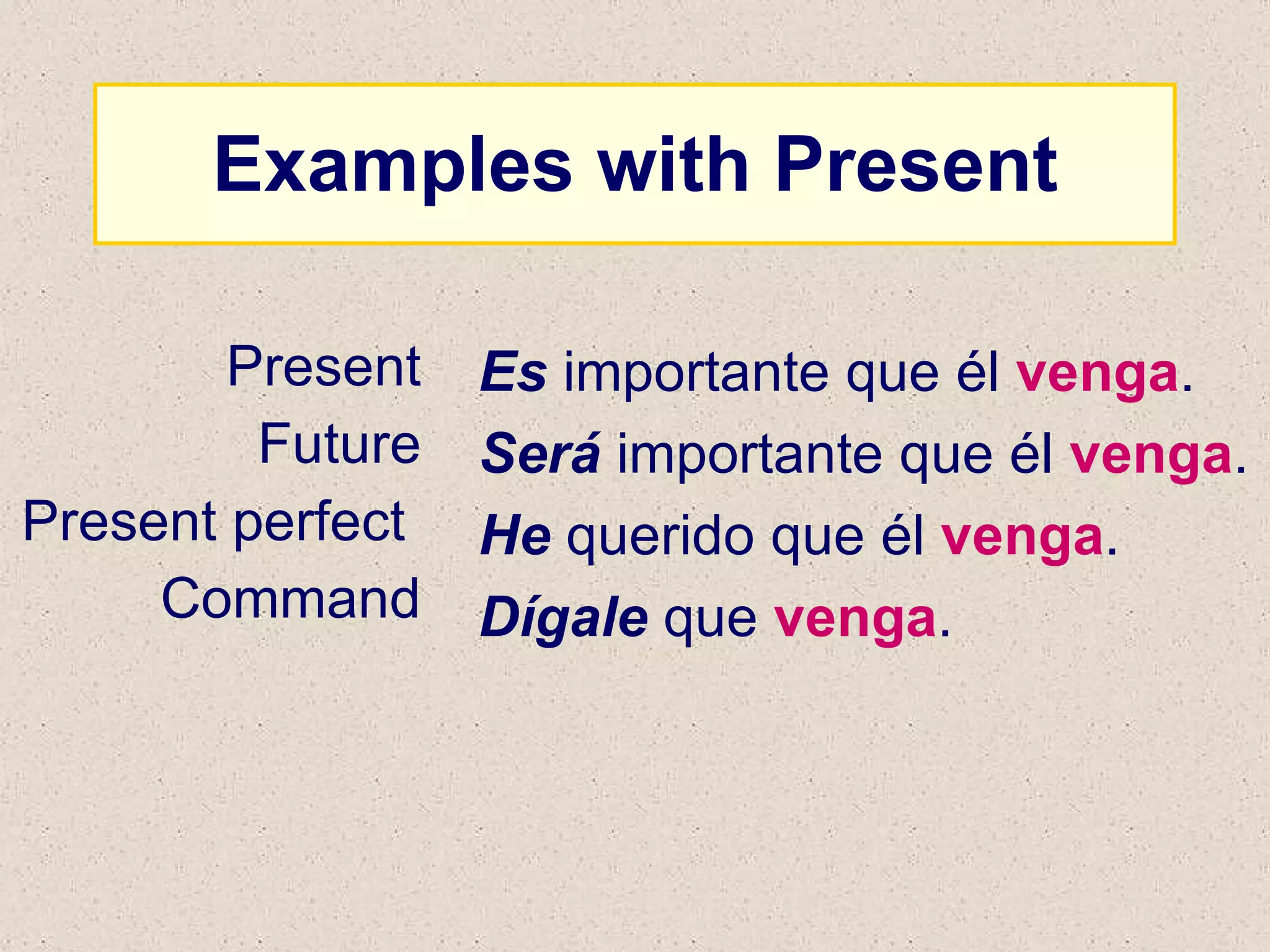 Examples with Present Present Future Present perfect  Command Es  importante que él  venga . Será  importante que él  venga . He  querido que él  venga . Dígale  que  venga . 
