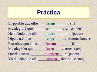 Práctica Es posible que ellos  . (ir) Me alegraré que  viernes. (ser) He dudado que ella  ir.  (poder) Dígale a él que  el dinero. (tener) Fue triste que ellos  . (ir) Me alegraba que  viernes. (ser) Quería que tú  ir. (poder) Yo dudaba que ella  tiempo.  (tener) vayan sea pueda tenga fueran fuera pudieras tuviera 