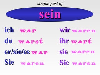 simple past of

sein
ich war
du warst
er/sie/es war
Sie waren

wir waren
ihr wart
sie waren
Sie waren

 