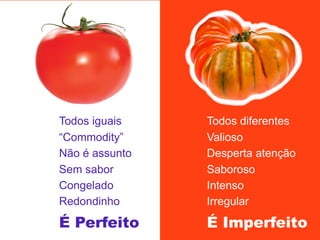 Todos iguais
“Commodity”
Não é assunto
Sem sabor
Congelado
Redondinho

Todos diferentes
Valioso
Desperta atenção
Saboroso
Intenso
Irregular

É Perfeito

É Imperfeito

 