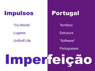 Impulsos

Portugal

“Co-Words”

Território

Lugares

Estrutura

UnStuff Life

“Software”
Portugueses

Imperfeição

 