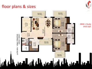 floor plans & sizes 2BHK + Study 1435 Sqft 