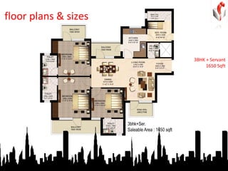floor plans & sizes 3BHK + Servant 1650 Sqft 