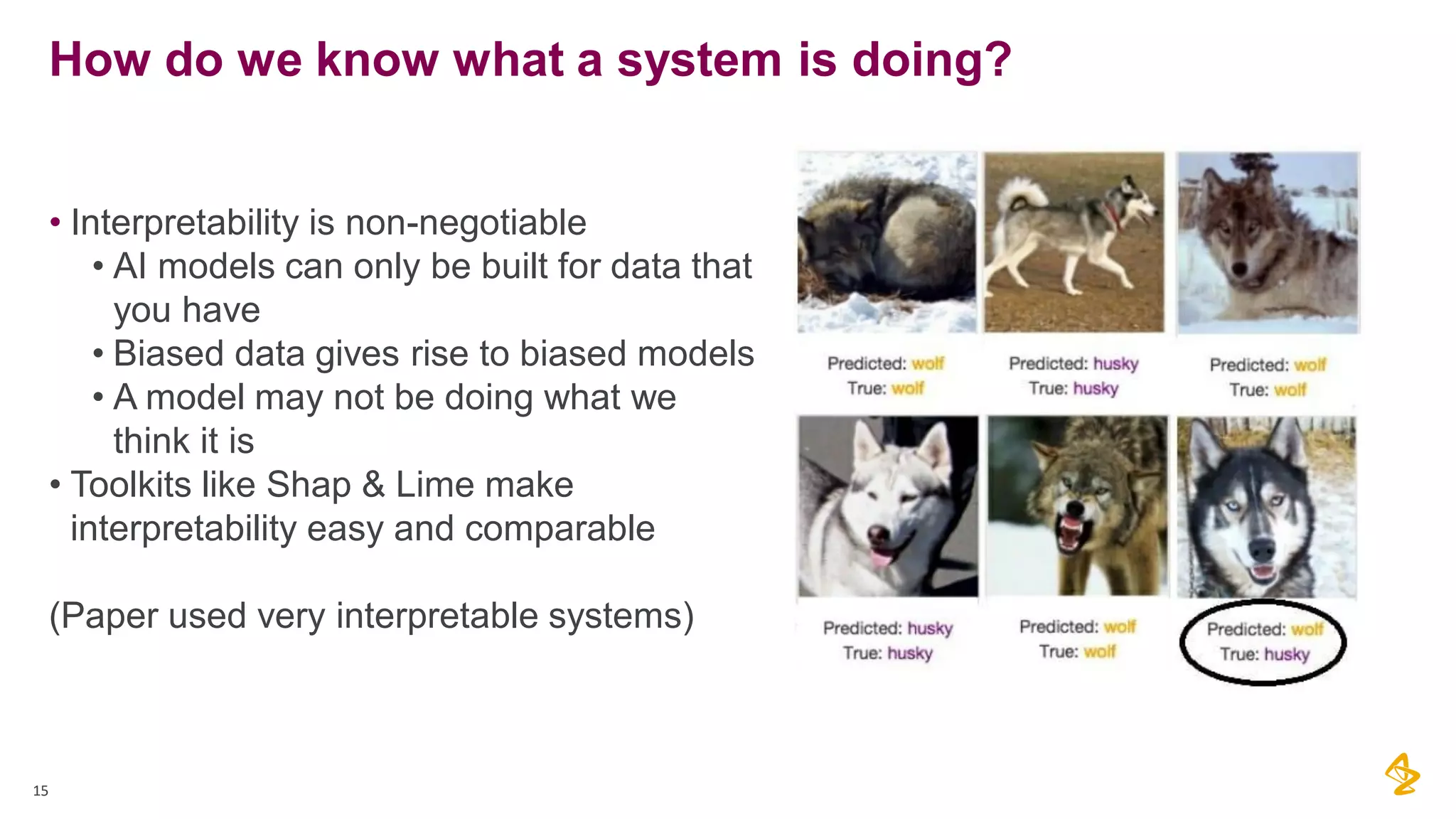 15
How do we know what a system is doing?
• Interpretability is non-negotiable
• AI models can only be built for data that
you have
• Biased data gives rise to biased models
• A model may not be doing what we
think it is
• Toolkits like Shap & Lime make
interpretability easy and comparable
(Paper used very interpretable systems)
 