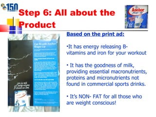 Step 6: All about the Product Based on the print ad: It has energy releasing B- vitamins and iron for your workout It has the goodness of milk, providing essential macronutrients, proteins and micronutrients not found in commercial sports drinks. It’s NON- FAT for all those who are weight conscious! 