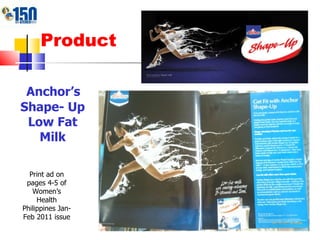 Product Anchor’s Shape- Up Low Fat Milk Print ad on pages 4-5 of Women’s Health Philippines Jan- Feb 2011 issue 