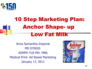 Anna Samantha Imperial MD 070020  ASMPH YL8 MD- MBA Medical Print- Ad Based Marketing January 17, 2011 10 Step Marketing Plan: Anchor Shape- up  Low Fat Milk 