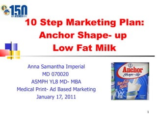 Anna Samantha Imperial MD 070020  ASMPH YL8 MD- MBA Medical Print- Ad Based Marketing January 17, 2011 10 Step Marketing Plan: Anchor Shape- up  Low Fat Milk 