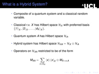 What is a Hybrid System?

    • Composite of a quantum system and a classical random
      variable.

    • Classical r.v. X has Hilbert space HX with preferred basis
      {|1   X   , |2   X   , . . . , |dX   X }.

    • Quantum system A has Hilbert space HA .

    • Hybrid system has Hilbert space HXA = HX ⊗ HA

    • Operators on HXA restricted to be of the form


                            MXA =                 |x   x|X ⊗ MX =x,A
                                           x∈ΩX
 