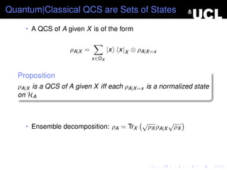 Quantum|Classical QCS are Sets of States

    • A QCS of A given X is of the form


                   ρA|X =          |x   x|X ⊗ ρA|X =x
                            x∈ΩX


  Proposition
  ρA|X is a QCS of A given X iff each ρA|X =x is a normalized state
  on HA



                                                √          √
    • Ensemble decomposition: ρA = TrX              ρX ρA|X ρX
 