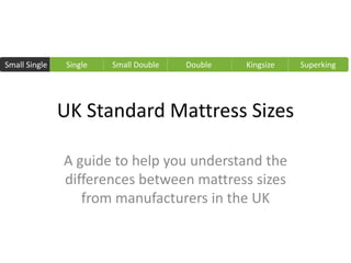 Small Single    Single   Small Double   Double   Kingsize   Superking




               UK Standard Mattress Sizes

               A guide to help you understand the
               differences between mattress sizes
                  from manufacturers in the UK
 