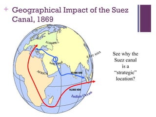 + Geographical Impact of the Suez
  Canal, 1869



                              See why the
                               Suez canal
                                   is a
                  10,000 KM    “strategic”
                                location?
                 16,000 KM
 