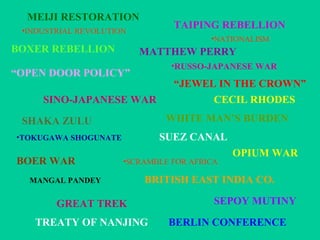 MEIJI RESTORATION
SEPOY MUTINY
“JEWEL IN THE CROWN”
BERLIN CONFERENCE
BOER WAR
SHAKA ZULU
OPIUM WAR
TAIPING REBELLION
BOXER REBELLION
SINO-JAPANESE WAR
BRITISH EAST INDIA CO.
MATTHEW PERRY
WHITE MAN’S BURDEN
SUEZ CANAL
“OPEN DOOR POLICY”
•SCRAMBLE FOR AFRICA
•NATIONALISM
•INDUSTRIAL REVOLUTION
CECIL RHODES
TREATY OF NANJING
MANGAL PANDEY
•TOKUGAWA SHOGUNATE
•RUSSO-JAPANESE WAR
GREAT TREK
 