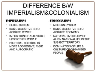 DIFFERENCE B/W
IMPERIALISM&COLONIALISM
IMPERIALISM
• OLDER SYSTEM
• BASIC OBJECTIVE ISTO
ACQUIRE POWER
• IMPOSITION OF ALIEN RULE
UPON OTHER PEOPLE
• POLITICAL CONTROL IS
MORE AGGRESSIVE, RIGID
AND AUTOCRATIC
COLONIALISM
• MODERN SYSTEM
• BASIC OBJECTIVE ISTO
ACQUIRE ECONOMY.
• NATURAL OVERFLOW OF
ALIEN NATIONALITY IN THE
SUBJECT TERRITORY
• DOMINATION OF LIFE &
CULTURE OF ORGANISED
PEOPLE
 
