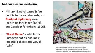 Nationalism and militarism
• Military & naval bases & fuel
depots for ocean steamships.
Gunboat diplomacy won
Indochina for France (1893)
and Zanzibar for Britain (1896).
• “Great Game” = whichever
European nation had most
imperial possessions would
“win” Political cartoon of US President Theodore
Roosevelt using “gunboat diplomacy” to keep
European powers out of the Dominican Republic.
 