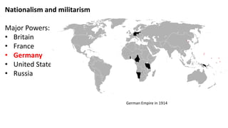 Nationalism and militarism
Major Powers:
• Britain
• France
• Germany
• United States
• Russia
German Empire in 1914
 
