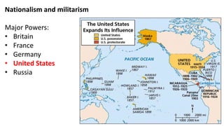Nationalism and militarism
Major Powers:
• Britain
• France
• Germany
• United States
• Russia
 