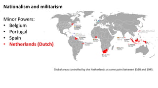 Nationalism and militarism
Minor Powers:
• Belgium
• Portugal
• Spain
• Netherlands (Dutch)
Global areas controlled by the Netherlands at some point between 1598 and 1945.
 