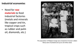 Industrial economies
• Need for raw
materials to feed
industrial factories
(metals and minerals
like copper and tin,
tropical crops such
as rubber and palm
oil, diamonds, etc.)
The population of Belgian Congo was enslaved to harvest rubber.
Many were mutilated and up to 10 million died.
 
