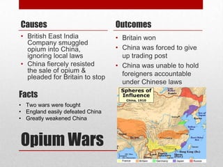 Causes                            Outcomes
• British East India              • Britain won
  Company smuggled
  opium into China,               • China was forced to give
  ignoring local laws               up trading post
• China fiercely resisted         • China was unable to hold
  the sale of opium &               foreigners accountable
  pleaded for Britain to stop
                                    under Chinese laws
Facts
• Two wars were fought
• England easily defeated China
• Greatly weakened China



Opium Wars
 